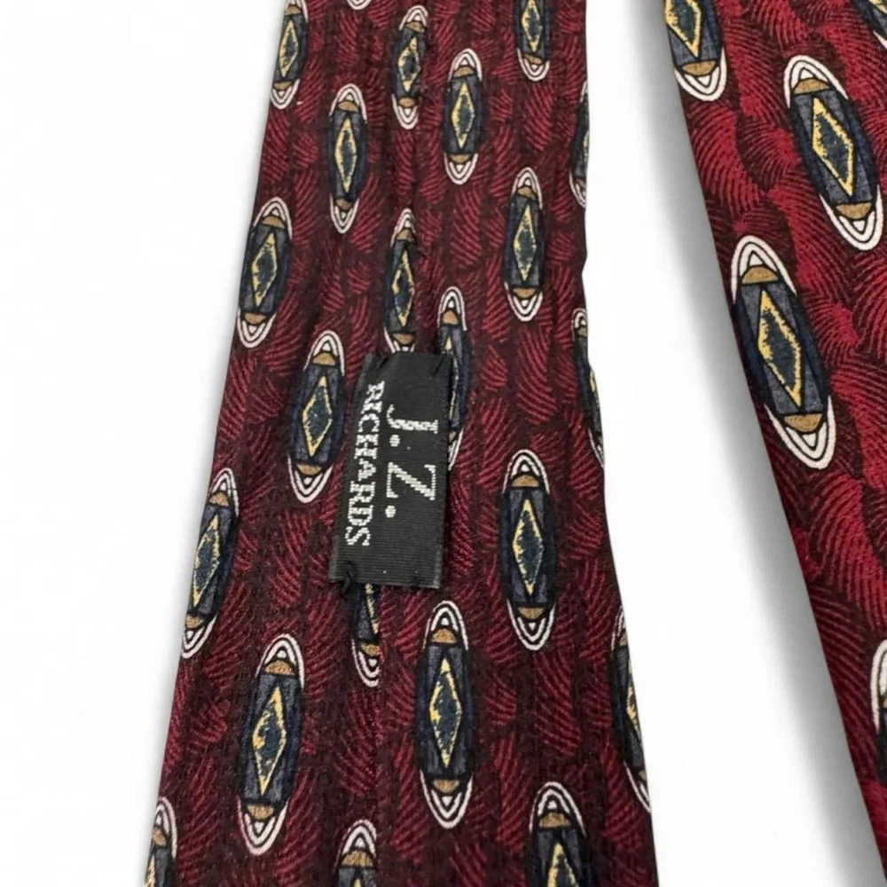 Vintage Silk Necktie Red Black Geometric Retro Dark Academia Y2K Preppy USA